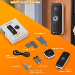 Smart Doorbells<Toucan V3 Wireless Battery Operated Video Doorbell, Chime, Night Vision, Wi-Fi, IP56 Weather Resistant, Black