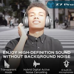 Treblab Z7-PRO Wireless Hybrid Active Noise Canceling Headphones, Bluetooth, Black