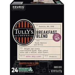 Keurig K-Cups<Tully's Breakfast Blend Extra Bold Coffee, Keurig K-Cup Pod, Light Roast, 96/Carton (192719CT)