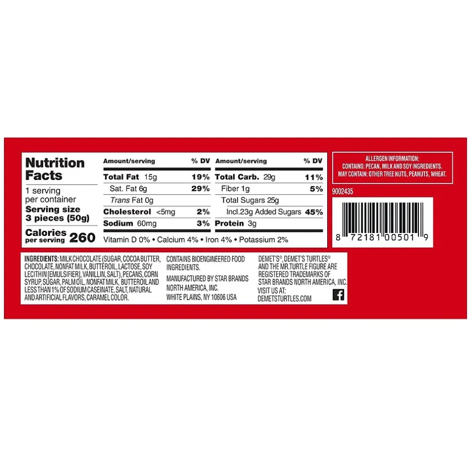 Chocolate<Turtles Original Chocolate covered Pecans Milk Chocolate Candy Bar, 1.76 oz., 24/Box (DCC501)