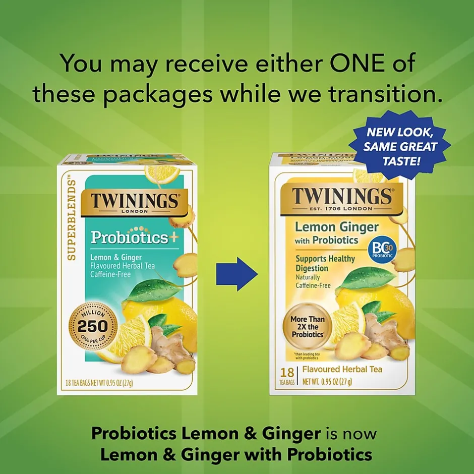 Tea<Twinings Probiotics Lemon and Ginger Herbal Tea Bags, 18/Box (F16483)