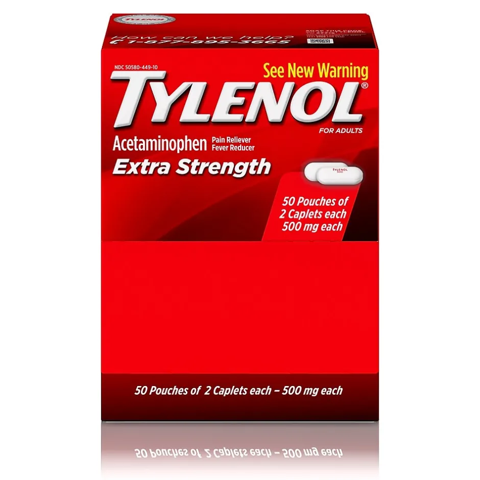 Tylenol Extra Strength Caplets, Fever Reducer and Pain Reliever, 500 mg, 50 Count, 2/Pack (487348)