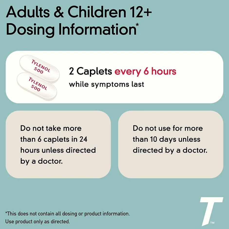 Tylenol Extra Strength Caplets, Fever Reducer and Pain Reliever, 500 mg, 50 Count, 2/Pack (487348)