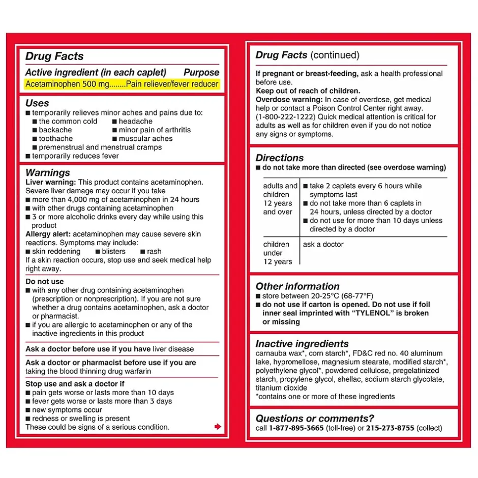 Tylenol Extra Strength Caplets, Fever Reducer and Pain Reliever, 500 mg, 50 Count, 2/Pack (487348)