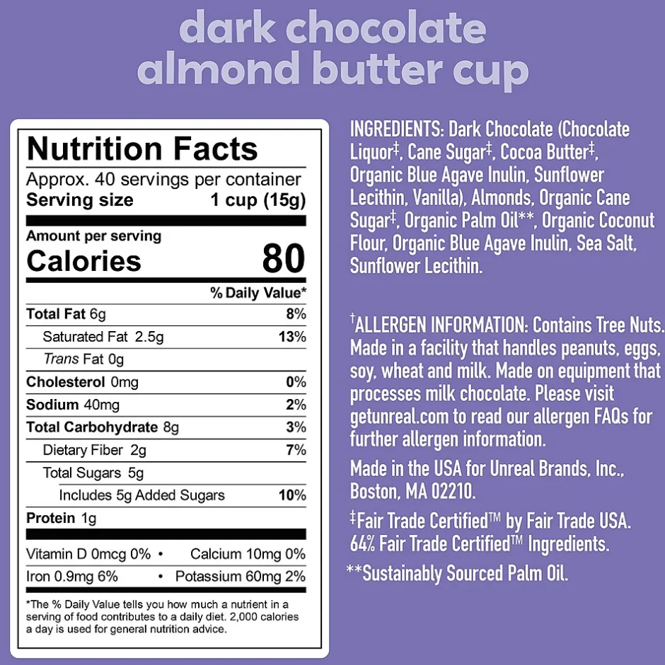 Chocolate<UNREAL Dark Chocolate Almond Butter Cups, 0.53 Oz., 40/Pack (220-02089)