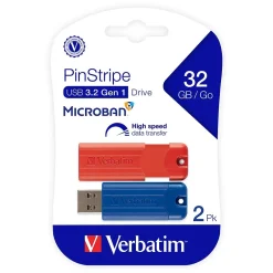 Verbatim PinStripe 32GB USB 3.2 Type A Flash Drive, Blue, Red, 2/Pack (70056)* Usb Flash Drives
