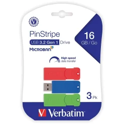 Verbatim PinStripe 16GB USB 3.2 Type A Flash Drive, Assorted Colors, 3/Pack (70386)* Usb Flash Drives