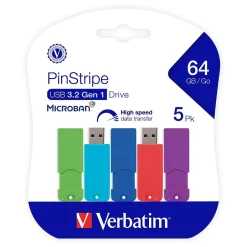 Verbatim PinStripe 64GB USB 3.2 Type-A Flash Drive, Assorted Colors, 5/Pack (70389)* Usb Flash Drives