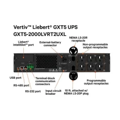 Battery Backup<Vertiv Liebert GXT5 2000VA 6-Outlet On-Line UPS, Black (GXT5-2000LVRT2UXLN)