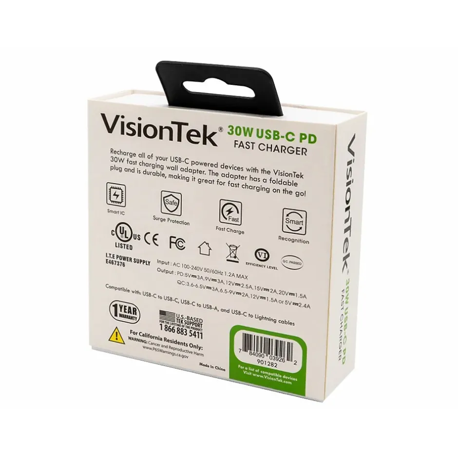 VisionTek USB-C 30W Quick Charger, White (901282)