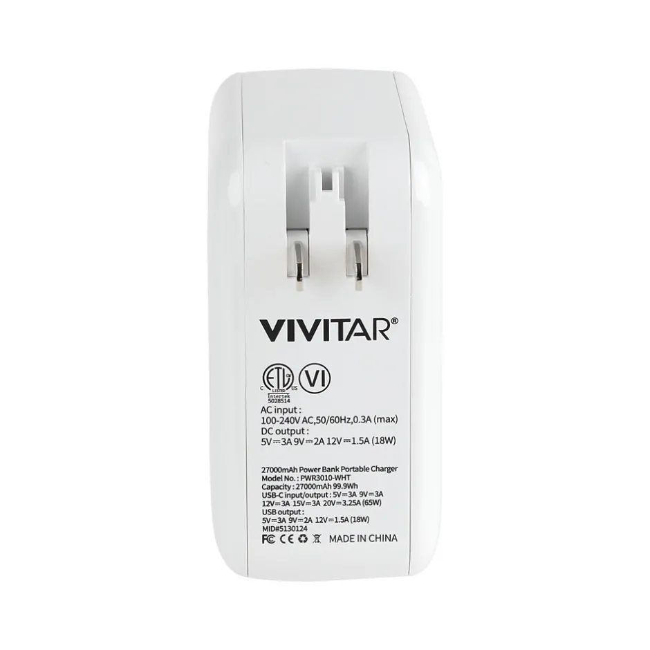 Vivitar PWRFL ProCharger USB-A/USB-C Power Bank, 27000mAh, White (PWR3010-WHT-T35-12)