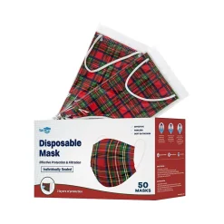 Masks<WeCare Individually Wrapped Disposable Face Mask, Adult, Red Plaid, 50/Box (WMN100050)