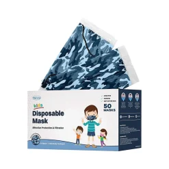 Masks<WeCare 3-ply Disposable Face Mask, Individually Wrapped, Kids, Blue Camo, 50/Box (WMN100042)