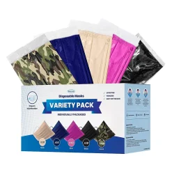 Masks<WeCare 3-ply Disposable Face Masks, Individually Wrapped, Adult, Assorted Colors, 50/Box (WMN100026)
