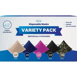 Masks<WeCare 3-ply Disposable Face Masks, Individually Wrapped, Adult, Assorted Colors, 50/Box (WMN100026)