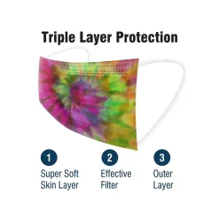 Masks<WeCare 3-ply Disposable Face Mask, Adult, Assorted Wacky Tie-Die Designs, 50/Box (WMN100092)