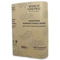 Paper Towels<World Centric 100 Percent PCW Recycled Multifold Paper Towels, 1-Ply, Natural, 250/Pack, 16 Packs/Carton (WORTWPAMF)