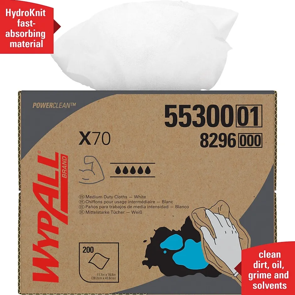 WypAll PowerClean X70 Cloths, 11.1" x 16.8", White, 200 Sheets/Box (55300)
