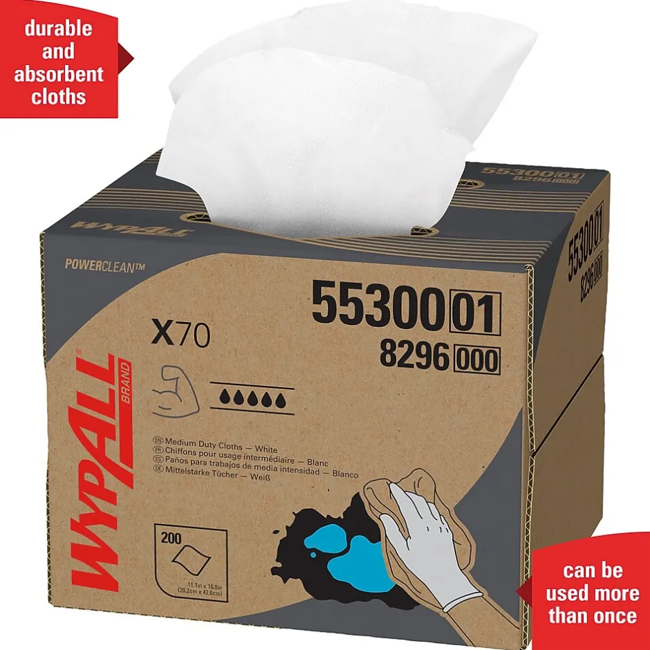 WypAll PowerClean X70 Cloths, 11.1" x 16.8", White, 200 Sheets/Box (55300)