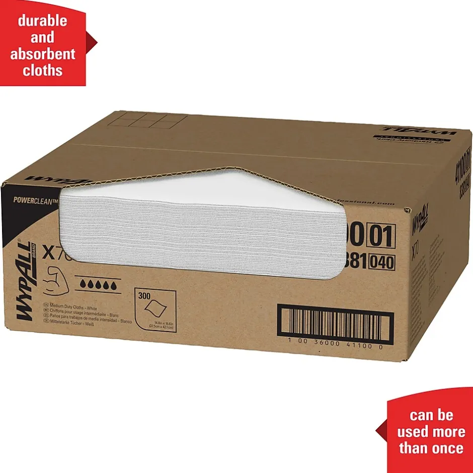 WypAll PowerClean X70 Cloths, 14.9" x 16.6", White, 300 Sheets/Box (41100)