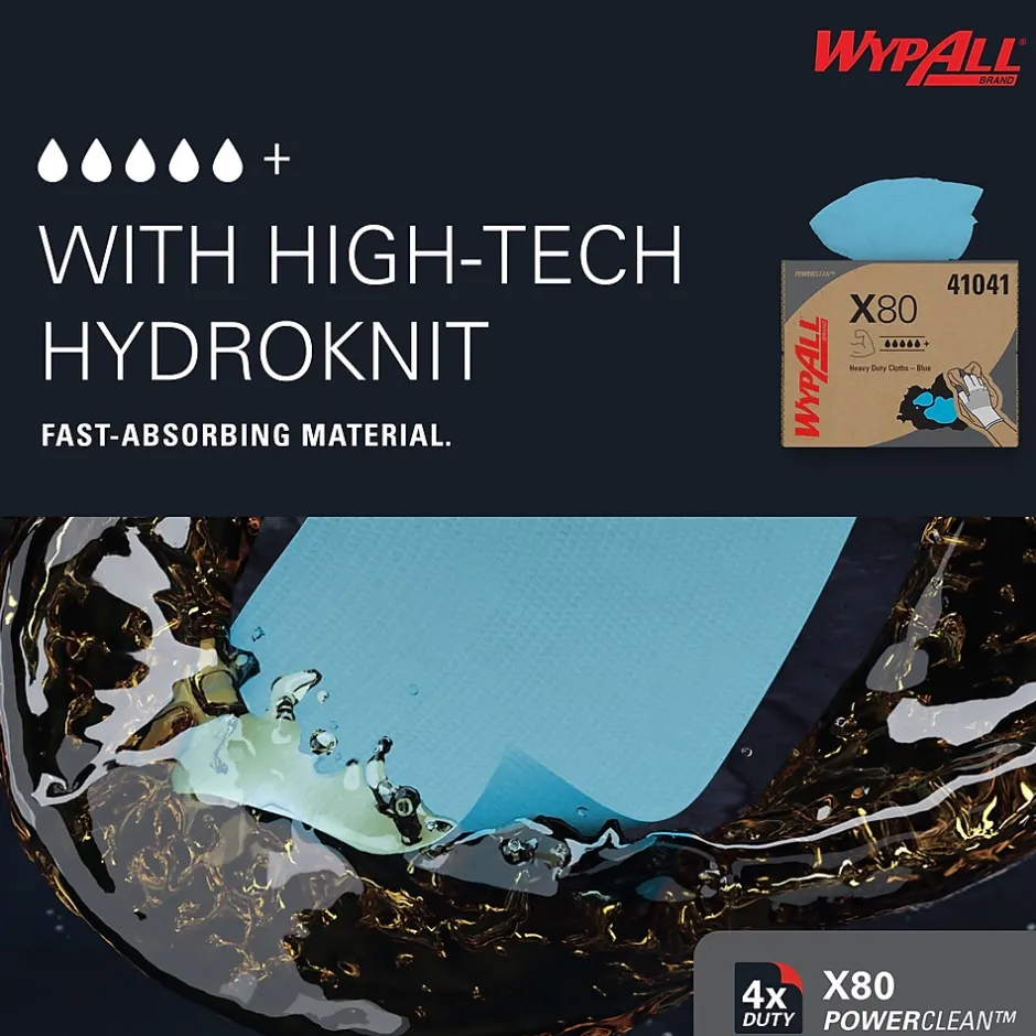 WypAll PowerClean X80 Fabric Cleaning Wipers, 16.8" x 12.5", Blue, 160 Wipers/Box, 160/Carton (41041)