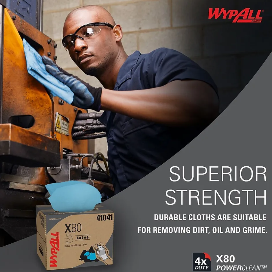 WypAll PowerClean X80 Fabric Cleaning Wipers, 16.8" x 12.5", Blue, 160 Wipers/Box, 160/Carton (41041)